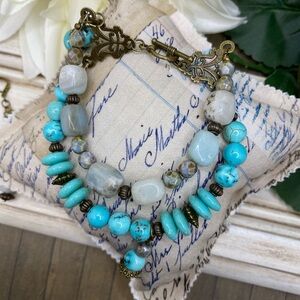 Amazonite and Turquoise Bracelet and Earrings Set with Bronze Accents